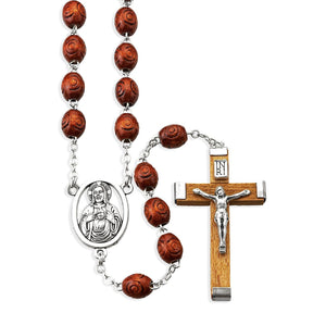 7 x 8mm Brown Oval Carved Wood Bead Rosary with Wood Crucifix