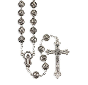 6mm Silver Rosebud Shaped Bead Rosary