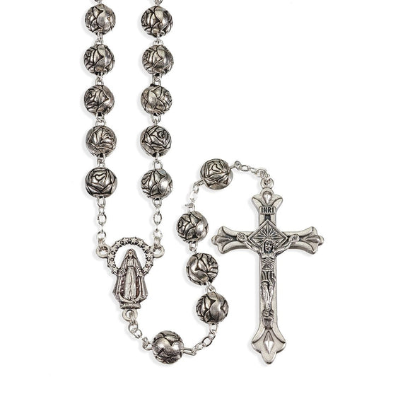 6mm Silver Rosebud Shaped Bead Rosary