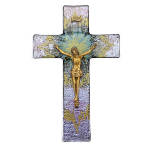 10" Purple & Gold Burst Glass Crucifix with Museum Gold Tone Corpus