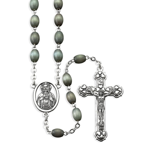 6 x 8mm Oval Grey Cat's Eye Glass Bead Rosary