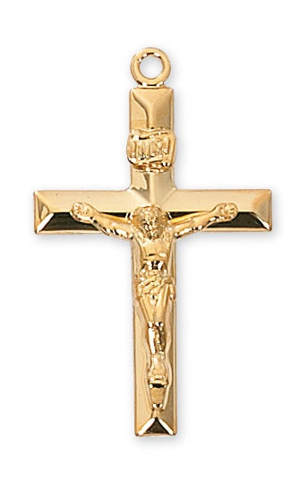Medium Polished Gold Over Sterling Silver Crucifix Necklace 24 Inch Chain