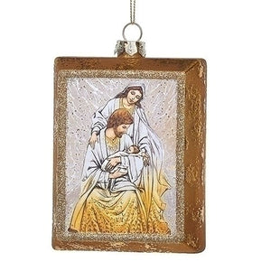4.5" Holy Family Rectangle Glass Ornament: Gold Glitter