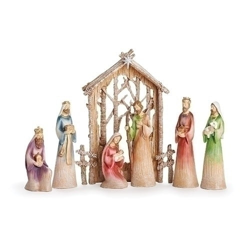 7PC Set Nativity w/Birch Trees Stable Backdrop