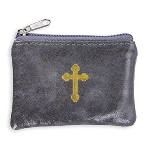 Pewter Leatherette Zipper Rosary Pouch-DIS