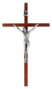 10 Inch Wood Cross With Antiqued Silver Corpus