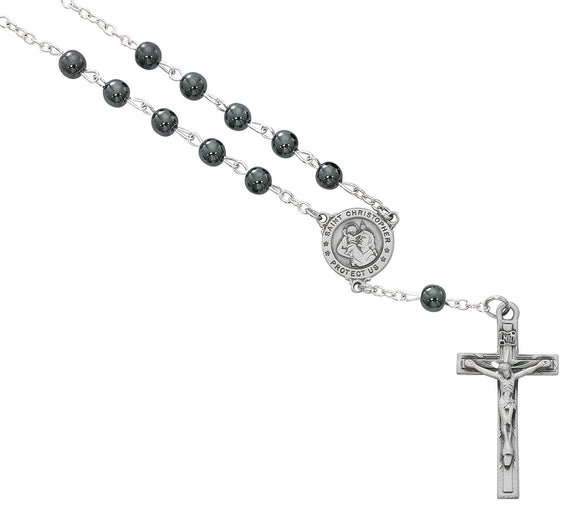 St Christopher Hematite Bead Auto Rosary
