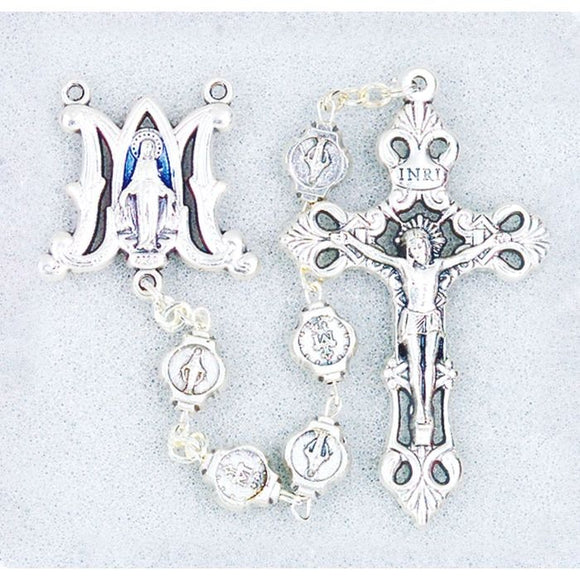 8mm Silver Blue Enameled Miraculous Medal Bead Rosary