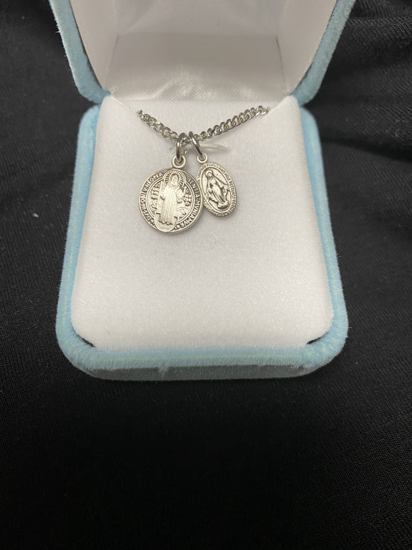 Miraculous & St Benedict SS Medals 18 Inch Chain