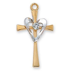 1" Two-Tone Gold Over SS Cross With SS Heart & Center Stone Necklace 18" Chain