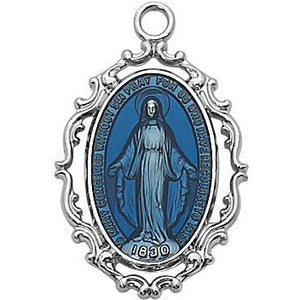 Ornate 1" Blue Enameled SS Miraculous Medal Necklace 18" Chain