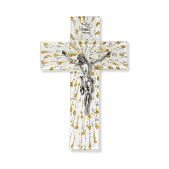 7 Inch Gold & Silver Rays White Glass Crucifix with Pewter Corpus