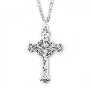 Large SS 1.8" Sunburst Rosary Crucifix Necklace 24" Chain