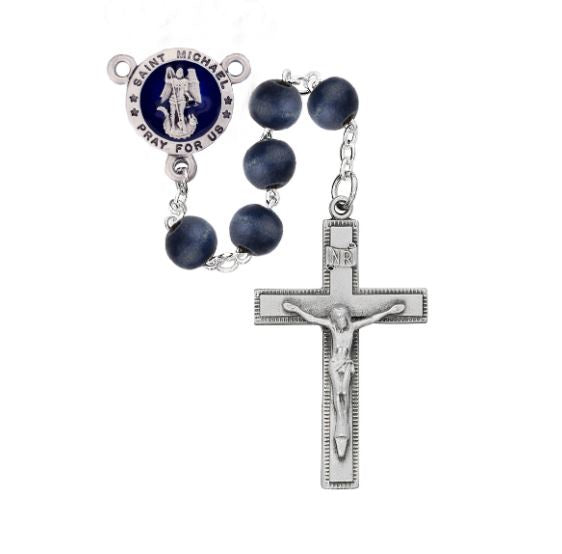 8MM Blue Wood & Pewter St Michael Rosary