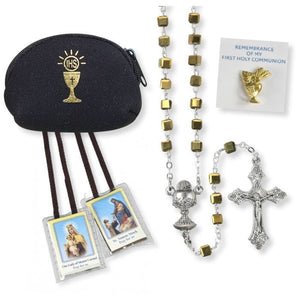 First Communion 4 pc Set Gold Rosary Black Case
