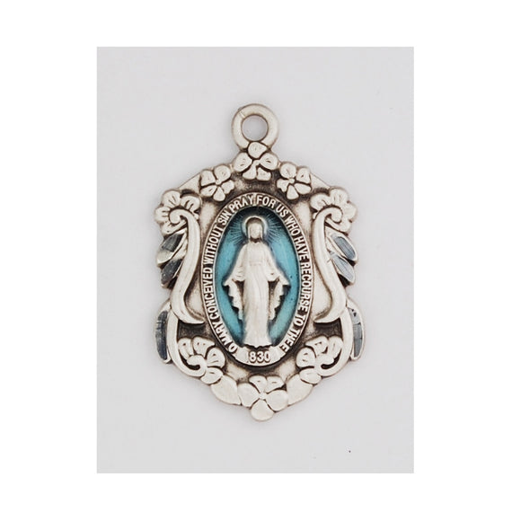 SS Miraculous Medal With Blue Enamel and Flower Border Necklace
