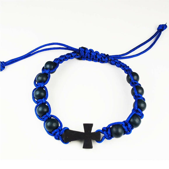 Blue Corded Wood Bead Rosary Bracelet