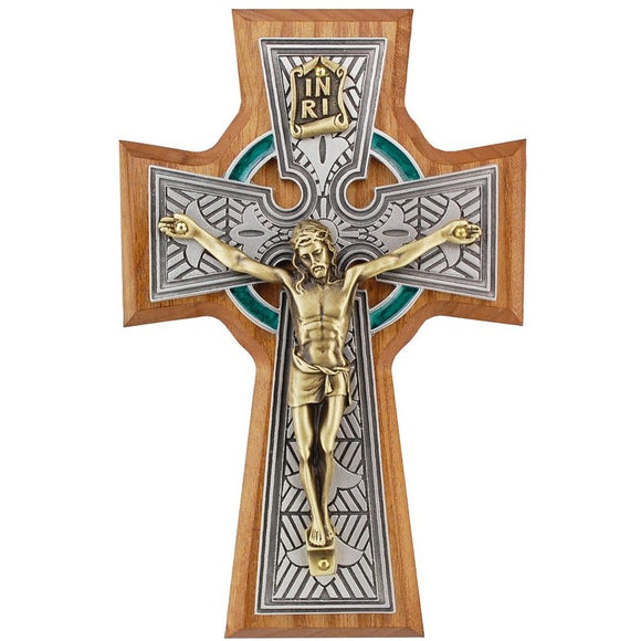 5 1/2” Walnut Celtic Crucifix With Green Enamel