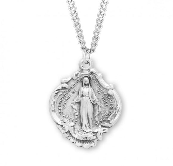 Large SS Baroque Miraculous Medal Necklace 24 Inch Chain