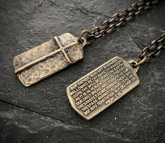 The Lord's Prayer Necklace Bronze Pendant with Cross 24 Inch Chain