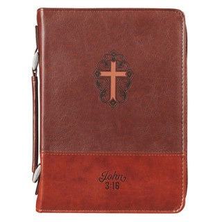 John 3:16 Two-Tone Brown Faux Leather Bible Cover With Cross