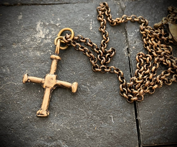 Small Cross Antiqued Solid Bronze Necklace 24 Inch Chain