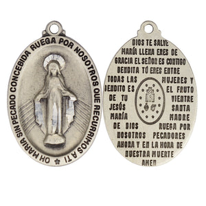 Pewter Hail Mary Miraculous Medal Spanish 24 Inch Chain