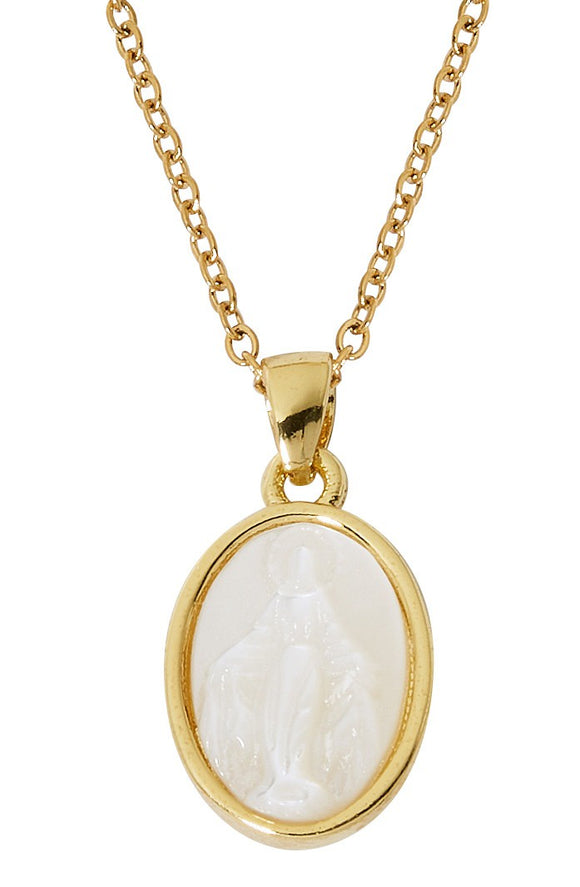 Mother of Pearl Miraculous Medal Pendant Gold Plated 16-18 Inch adj Chain