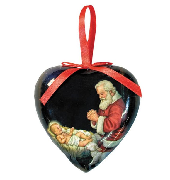 Adoring Santa Heart Shaped Decoupage Ornament