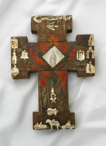 7.5 Hand Painted OLO Guadalupe Cross With Milagros