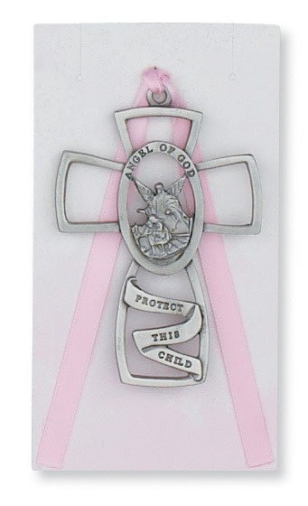 Guardian Angel Cross With Pink Ribbon