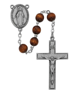 7MM Brown Wood Rosary Pewter Center & Crucifix