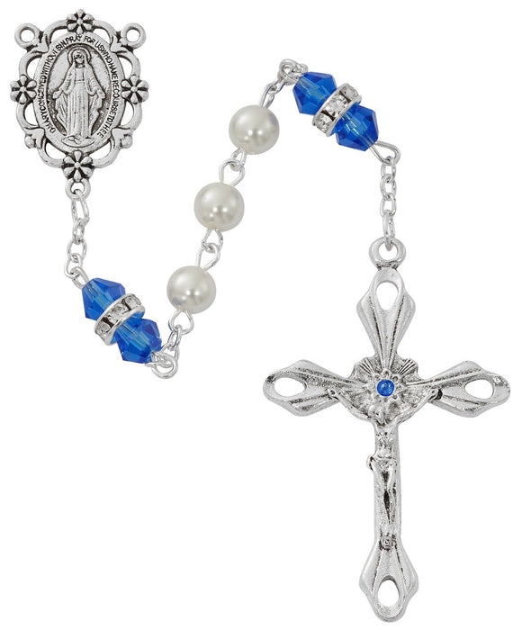 6MM Pearl and Dark Blue Rosary Miraculous Medal Center