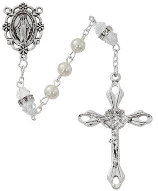 6MM Pearl & Crystal Rosary Miraculous Medal Center