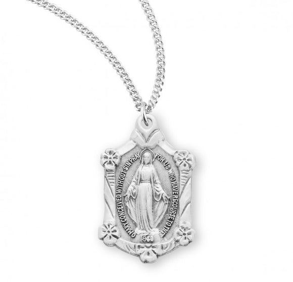 SS Medium Miraculous Medal With Fancy Floret Border Necklace