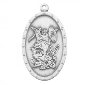 SS St Michael Oval Shield Medal Necklace 20 Inch Chain