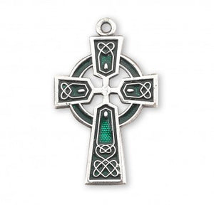 Green Enameled SS .9" Celtic Cross Necklace 18" Chain
