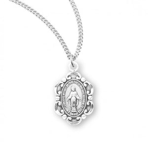 Small SS .6" Baroque Miraculous Medal Necklace 18" Chain