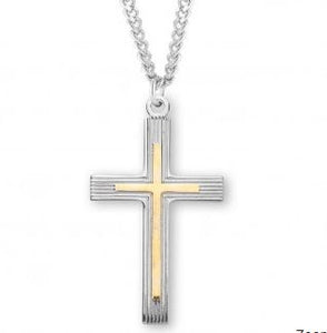 Two Tone 1.3" SS Fancy Cross Necklace 24" Chain