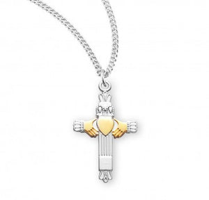 Two Tone 1" SS Claddagh Cross Necklace 18" Chain
