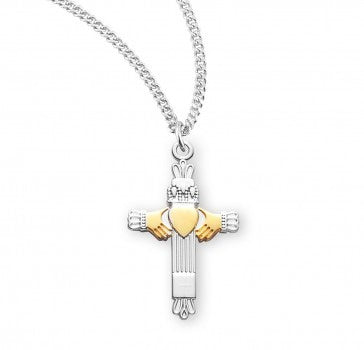 Tutone SS Claddagh Cross Necklace 18 Inch Chain