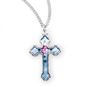 Small Blue Enamel SS Cross Necklace 18 Inch Chain