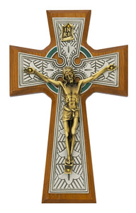 8" Walnut Celtic Crucifix With Green Enamel