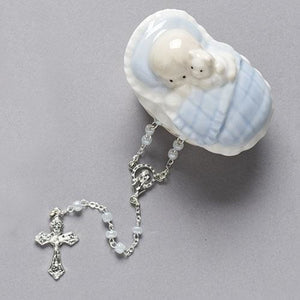 Blue Baby Porcelain Keepsake Box with Rosary