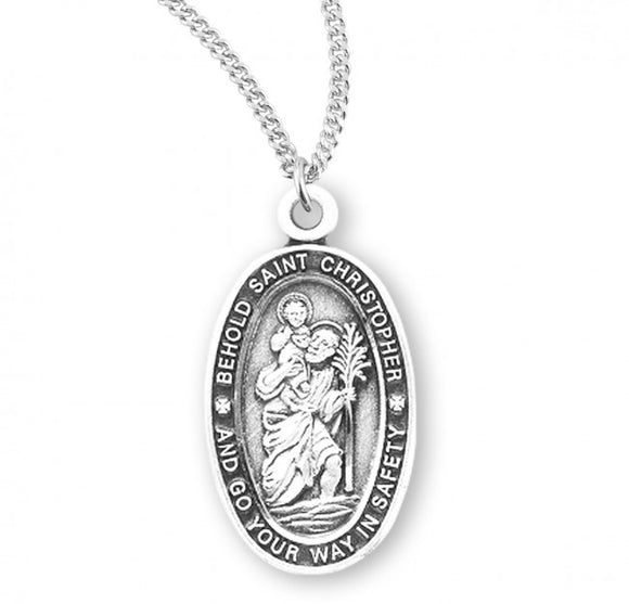 St Christopher High Profile SS Small Oval Necklace 18 Inch Chain
