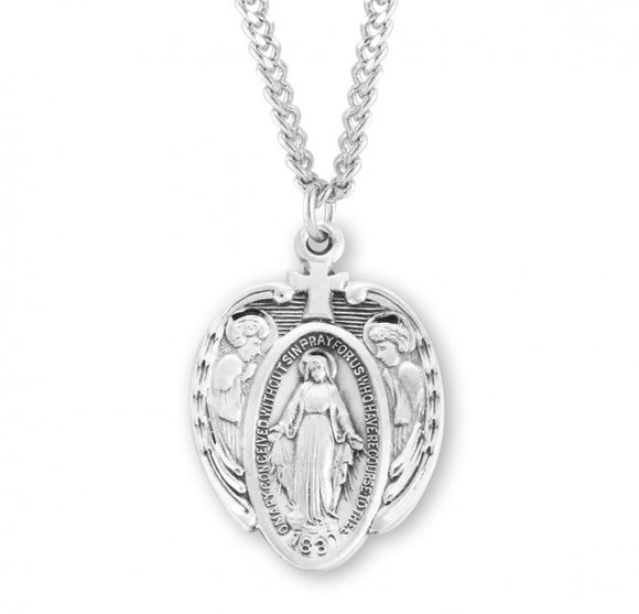 SS Large Oval Miraculous Medal with Angel Wings Necklace
