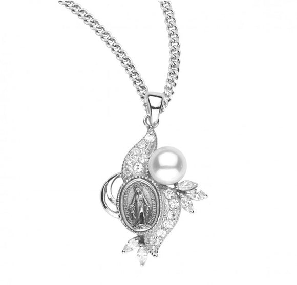 SS Miraculous Medal Pendant CZ and Pearl Necklace