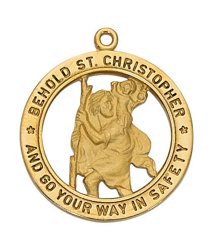 St Christopher Large Gold Over Open Medal Necklace 24 Inch Chain