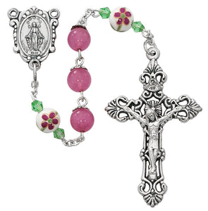 8mm Pink & Ceramic Bead Flower Rosary with Mysteries Centerpiece