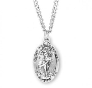 SS Retro Oval 1.3" St Christopher Medal Necklace 24" Chain